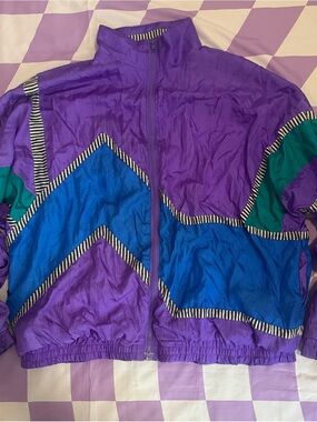 1980s Purple, Green, and Blue Geometric Windbreaker Jacket
